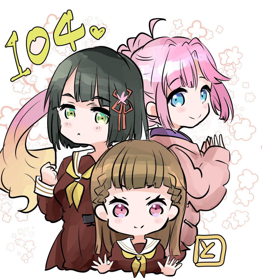 3girls :c absurdres ahoge anyoji_hime blonde_hair blue_eyes blunt_bangs blunt_ends blush braid clenched_hand commentary_request floral_background flower flower_(symbol) gradient_hair green_eyes green_hair hair_flower hair_ornament heart highres kachimachi_kosuzu link!_like!_love_live! long_hair looking_at_viewer love_live! momose_ginko multicolored_hair multiple_girls pink_eyes pink_flower pink_hair short_hair side_braid sidelocks smile split_mouth tagawa_maru very_long_hair virtual_youtuber waving white_background