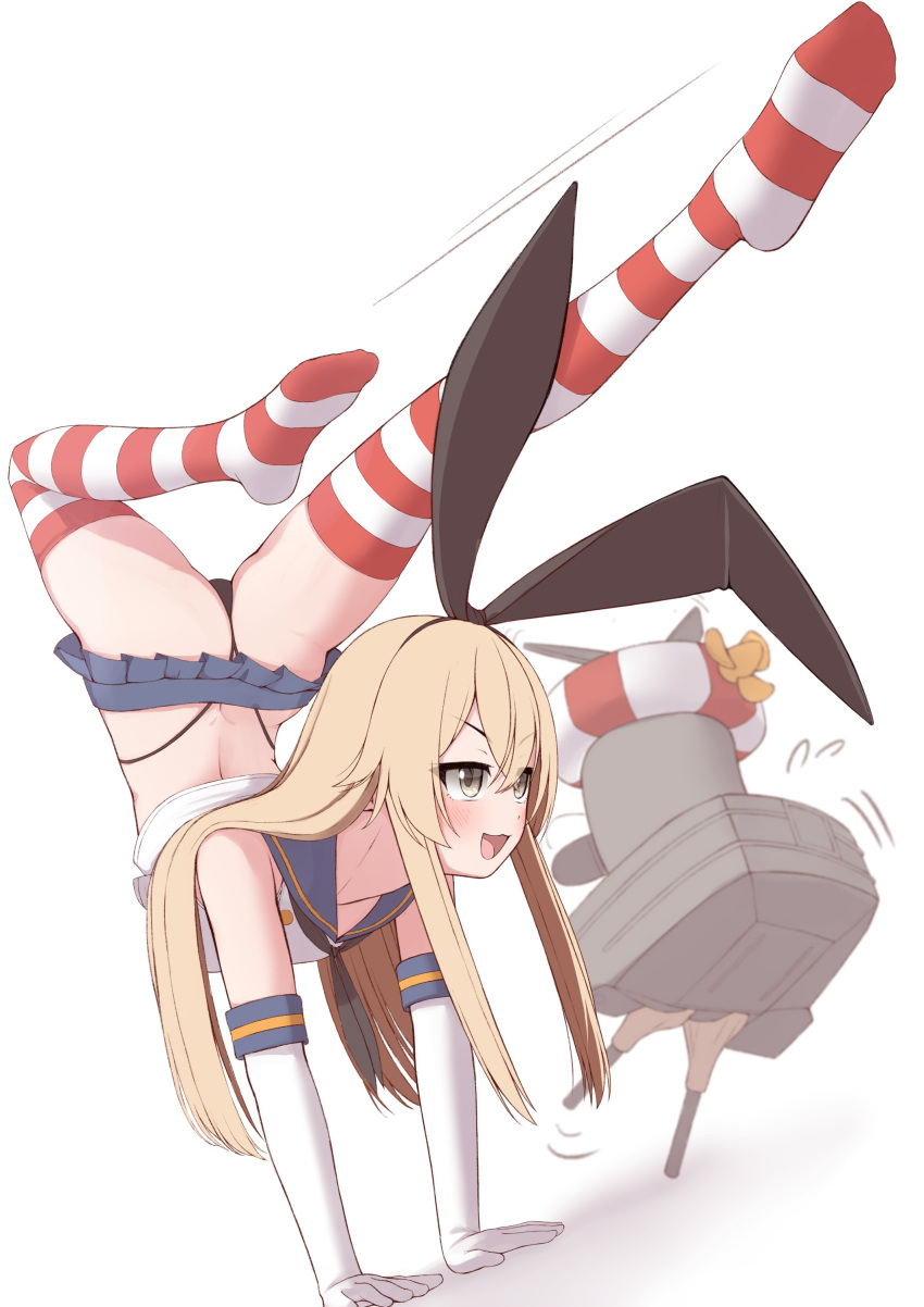 1girl absurdres ass black_panties blonde_hair blue_sailor_collar blush crop_top elbow_gloves full_body gloves hairband handstand highleg highleg_panties highres kantai_collection long_hair looking_to_the_side microskirt open_mouth panties rensouhou-chan sailor_collar shimakaze_(kancolle) skirt smile solo striped_clothes striped_thighhighs thighhighs tiemu_(man190) underwear white_gloves yellow_eyes