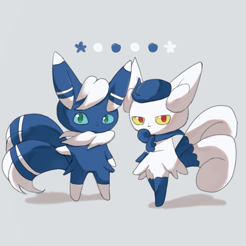 blue_fur blue_sclera colored_sclera commentary_request green_eyes grey_background highres meowstic meowstic_(female) meowstic_(male) multiple_tails no_humans pokemon pokemon_(creature) red_eyes simple_background standing suimin_ap_(aroniumu) tail white_fur yellow_sclera