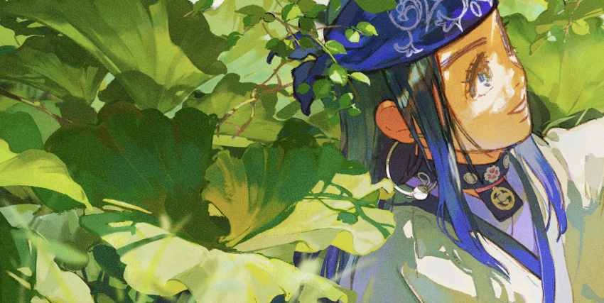 1girl ainu_clothes asirpa bandana black_choker blue_bandana blue_eyes blue_hair choker earrings eyelashes gkyoyo00 golden_kamuy highres hoop_earrings jewelry leaf long_hair nature outdoors patterned_clothing shadow shirt smile white_shirt