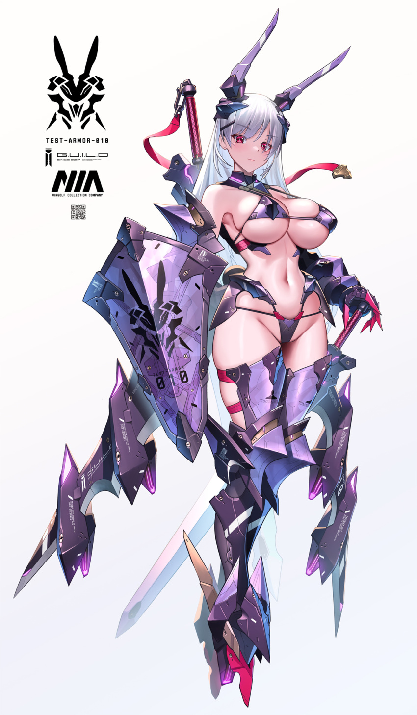 1girl armor armored_boots armored_gloves bikini_armor boots breasts claws commentary_request fake_horns full_body highres horns large_breasts long_hair looking_at_viewer mecha_musume navel original purple_armor red_eyes shield simple_background skindentation solo stomach sword takamine_nadare thighs weapon weapon_on_back white_background white_hair