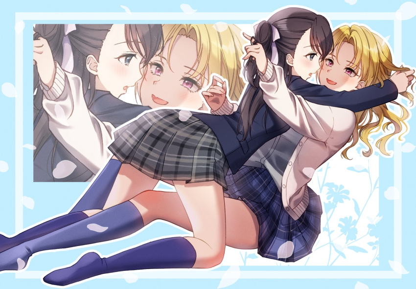 2girls :d ayn_(ayn_kau) black_hair blonde_hair blue_background blue_eyes blue_skirt blue_socks coat eye_contact foot_out_of_frame grey_shirt grey_skirt hand_in_another's_hair idolmaster idolmaster_cinderella_girls imminent_kiss kiryu_tsukasa_(idolmaster) kneehighs kurihara_nene looking_at_another multiple_girls pink_eyes plaid plaid_skirt ponytail school_uniform shirt skirt smile socks white_coat yuri zoom_layer