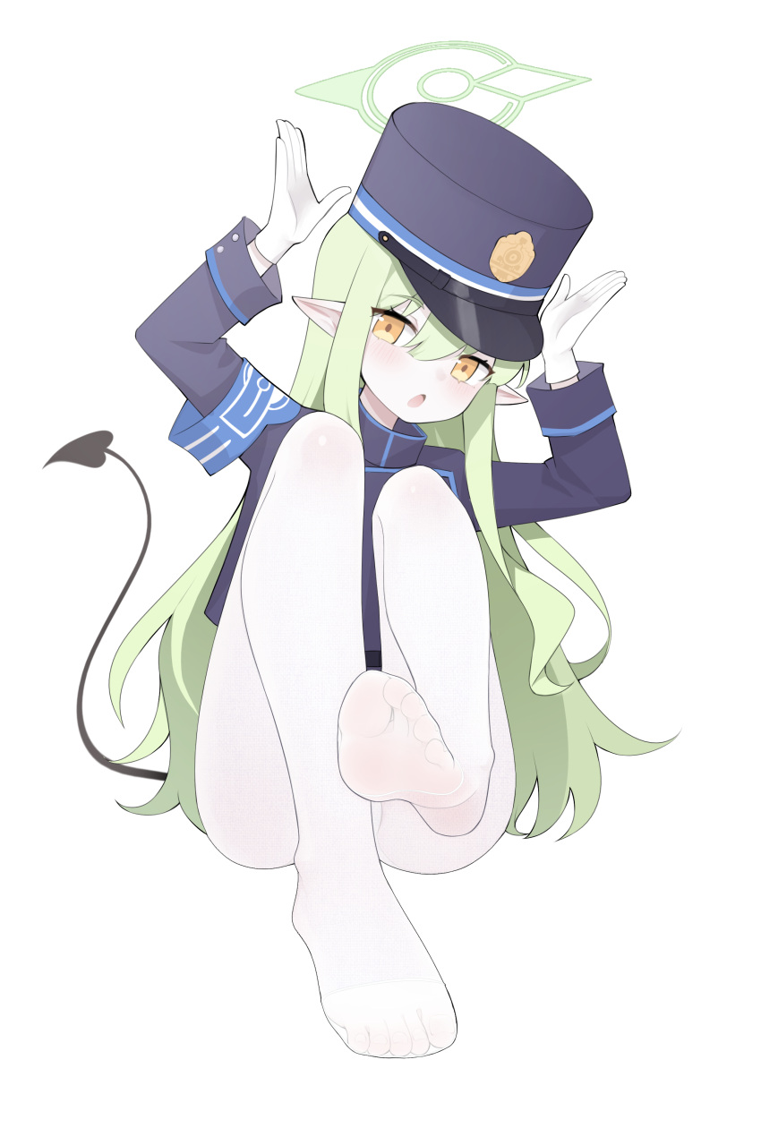 1girl :o absurdres armband arms_up black_hat black_jacket black_tail blue_archive blue_armband commentary_request full_body gloves green_hair green_halo hair_between_eyes halo hat highres hikari_(blue_archive) jacket leg_up light_blush long_hair long_sleeves looking_at_viewer no_shoes open_mouth pantyhose peaked_cap sidelocks simple_background soles solo tail toes white_background white_gloves white_pantyhose wl217_(nicexa111) yellow_eyes