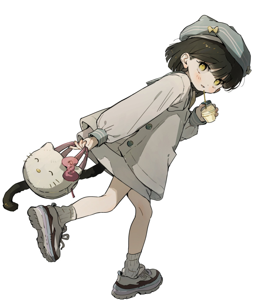 1girl absurdres bad_id bad_twitter_id bag beret black_hair blue_hat blush bow buttons cat_tail cup disposable_cup dress drinking_straw full_body hat hat_bow hello_kitty hello_kitty_(character) highres holding holding_bag holding_cup mormormorp original running sailor_collar sanrio shoes sneakers socks solo tail turning_head yellow_eyes