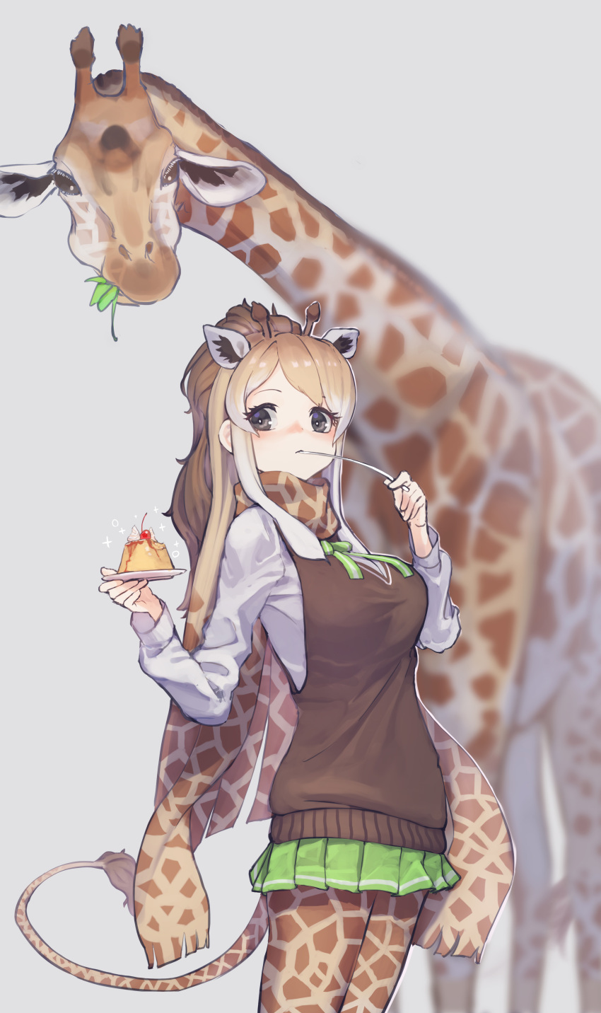 1girl absurdres animal_ears animal_print blonde_hair blush bow bowtie brown_hair brown_vest cape_giraffe_(kemono_friends) cowboy_shot creature_and_personification don3 eating extra_ears food giraffe giraffe_ears giraffe_girl giraffe_horns giraffe_print giraffe_tail green_bow green_bowtie green_skirt highres horns kemono_friends long_hair long_sleeves pantyhose pleated_skirt ponytail print_bow print_bowtie print_pantyhose pudding scarf shirt skirt solo tail vest white_hair white_shirt