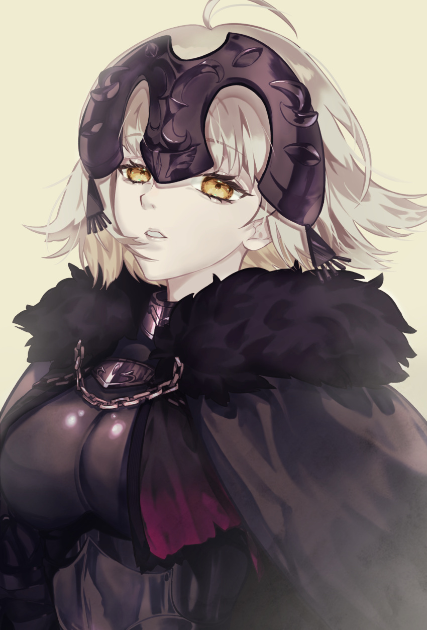 1girl black_cape breasts cape chain fate/grand_order fate_(series) fur-trimmed_cape fur_trim headpiece highres jeanne_d'arc_alter_(avenger)_(fate) jeanne_d'arc_alter_(fate) looking_at_viewer medium_breasts minako_larima parted_lips plackart short_hair simple_background solo upper_body white_background white_hair yellow_eyes