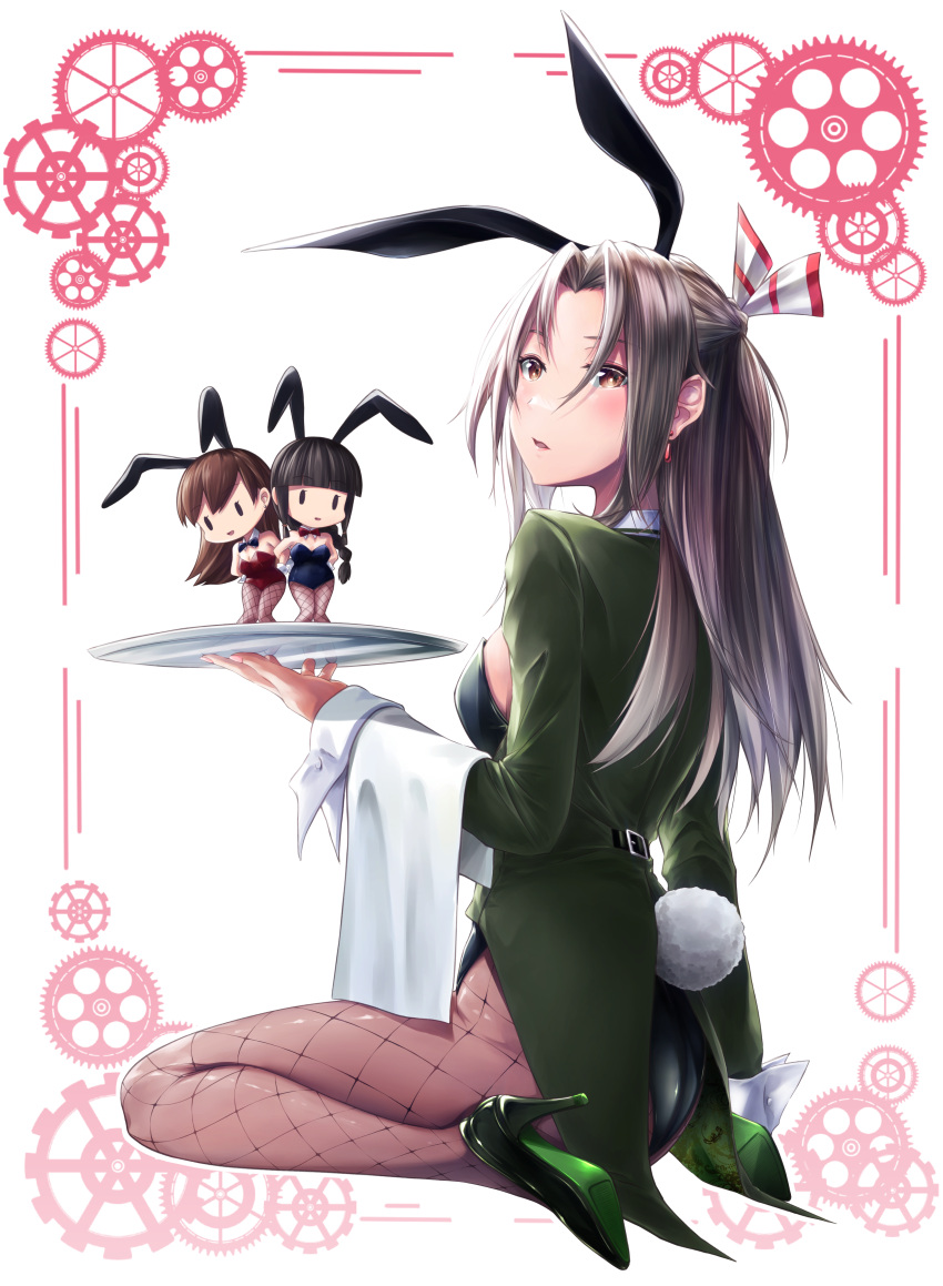 3girls absurdres alternate_costume animal_ears black_bow black_bowtie black_leotard blue_leotard bow bowtie breasts brown_eyes brown_hair detached_collar fairy_(kancolle) fake_animal_ears fake_tail fishnet_pantyhose fishnets green_footwear green_jacket high_heels highleg highleg_leotard highres holding holding_tray jacket junk_life kantai_collection kitakami_(kancolle) leotard long_hair long_sleeves mini_person minigirl multiple_girls ooi_(kancolle) pantyhose playboy_bunny ponytail rabbit_ears rabbit_tail red_bow red_bowtie red_leotard size_difference small_breasts solid_oval_eyes strapless strapless_leotard tail traditional_bowtie tray wrist_cuffs zuihou_(kancolle)
