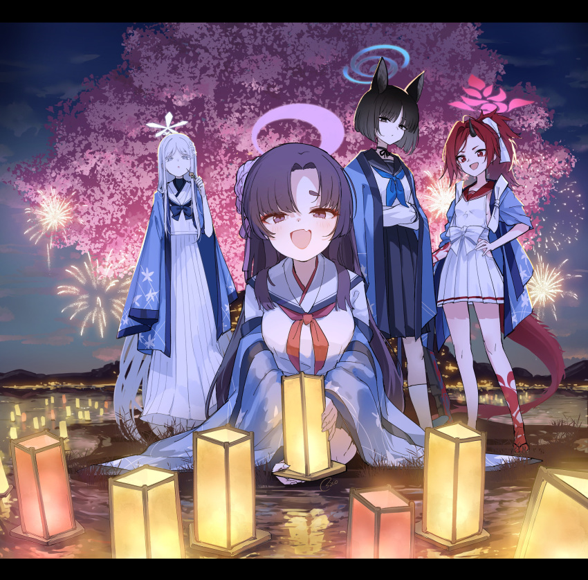 absurdres black_hair blue_archive blush breasts eyeliner fang firebloom_conflict_resolution_council_(blue_archive) fireworks flower hair_flower hair_ornament halo haori highres japanese_clothes kikyou_(blue_archive) long_hair looking_at_viewer makeup nagusa_(blue_archive) neckerchief open_mouth osisio pleated_skirt purple_eyes purple_hair purple_halo red_eyeliner red_eyes red_hair red_neckerchief renge_(blue_archive) sailor_collar school_uniform serafuku shirt_overhang skin_fang skirt smile solo white_hair yukari_(blue_archive)