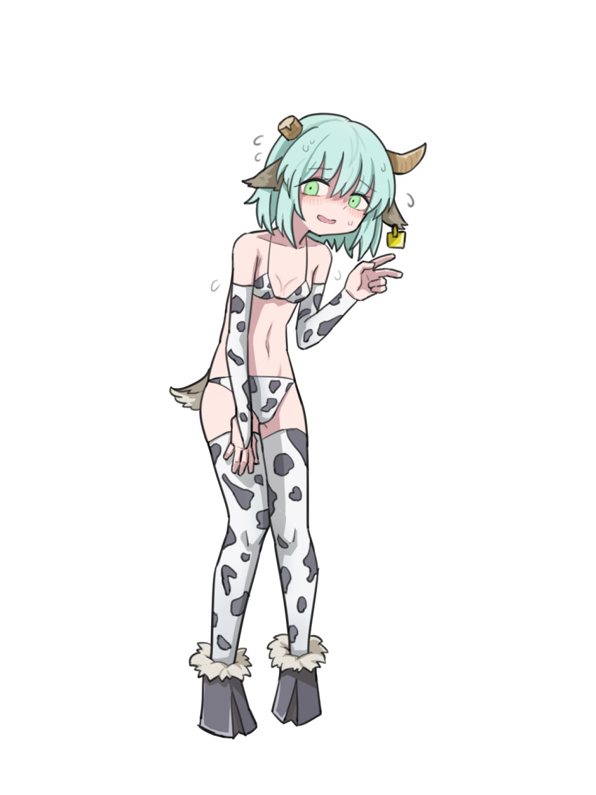 1girl animal_ears animal_print bare_shoulders bikini black_souls breasts bridal_gauntlets broken_horn cow_ears cow_girl cow_horns cow_print cow_print_bikini cow_print_gloves cow_print_thighhighs cow_tail ear_tag elbow_gloves flying_sweatdrops gloves hand_up highres hooves horns mock_turtle_(black_souls) print_bikini print_gloves print_thighhighs rabbit_king small_breasts solo sweat swimsuit tail thighhighs white_bikini white_gloves white_thighhighs