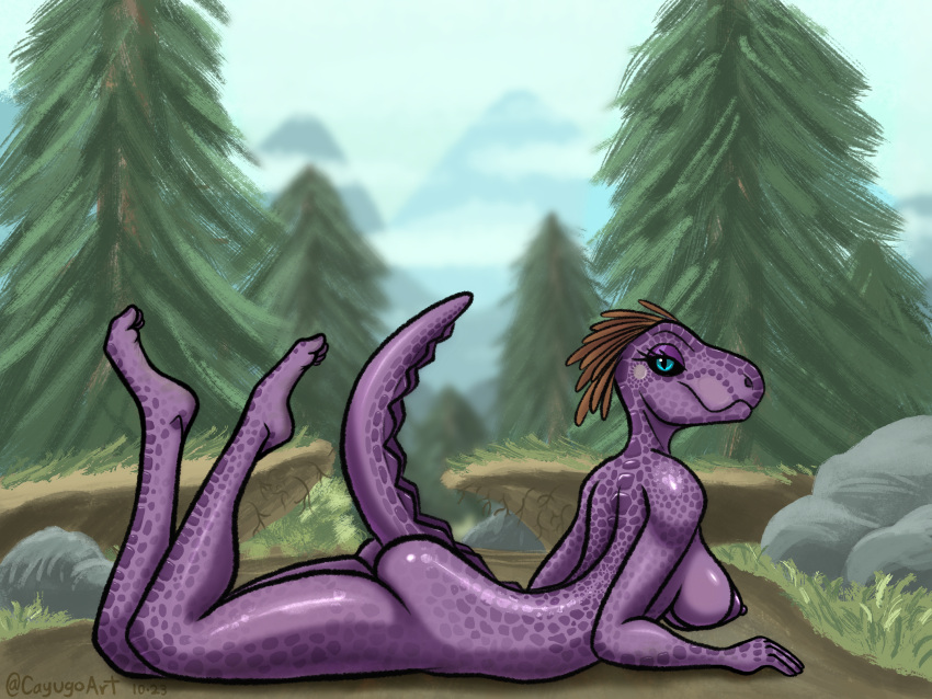 1:1 2023 anthro areola argonian bent_legs bethesda_softworks big_breasts black_sclera blue_eyes breasts butt cayugo detailed_background digital_media_(artwork) dirt feather_hair feathers feet female fingers grass hi_res lizard looking_at_viewer lying mountain nipples nude on_front orange_body orange_feathers outside plant pseudo_hair purple_areola purple_body purple_nipples purple_scales reptile rock scales scalie side_view signature sky smile solo tail the_elder_scrolls tree