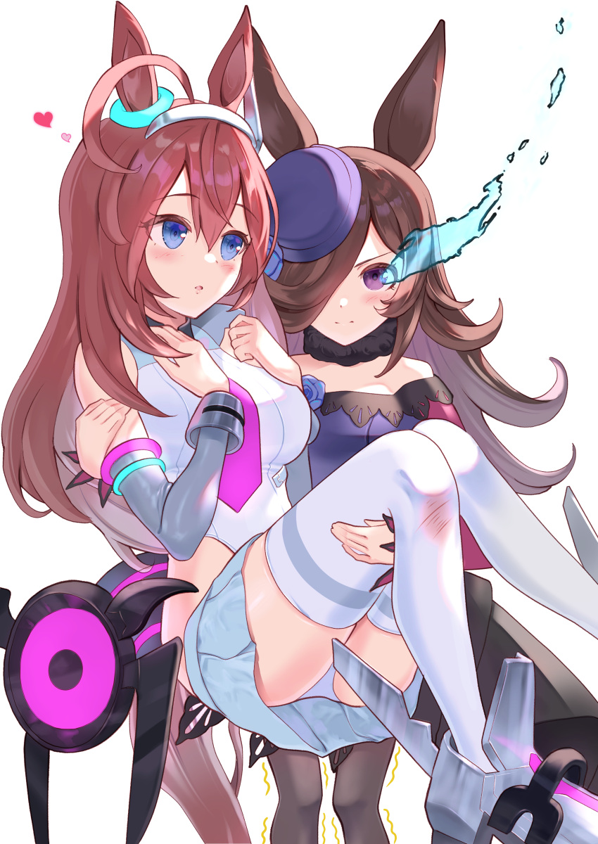 2girls absurdres ahoge animal_ears blue_eyes blue_flower blue_rose blush brown_hair bruise_on_leg carrying commentary_request detached_sleeves determined dress ear_ornament eye_trail flower fur_collar grey_hairband hair_over_one_eye hairband hand_on_another's_arm hand_on_another's_leg hands_on_own_chest heart highleg highleg_leotard highres horse_ears horse_girl horse_tail leotard light_trail long_hair looking_at_another microskirt mihono_bourbon_(umamusume) motion_lines multiple_girls necktie off-shoulder_dress off_shoulder parted_lips pleated_skirt princess_carry purple_eyes purple_necktie raised_eyebrows rice_shower_(umamusume) rose silver_hairband skirt tail taki_rentaro thighhighs tilted_headwear trembling umamusume v-shaped_eyebrows white_leotard white_thighhighs yuri