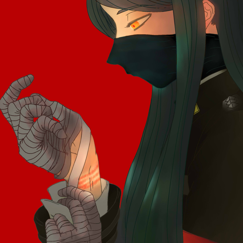 1boy armband bandaged_hand bandages bruise covered_mouth danganronpa_(series) danganronpa_v3:_killing_harmony gakuran green_gakuran green_hair highres injury jacket kongfeizhong long_hair looking_down male_focus mask mouth_mask profile red_armband red_background rope_marks school_uniform shinguji_korekiyo solo upper_body yellow_eyes