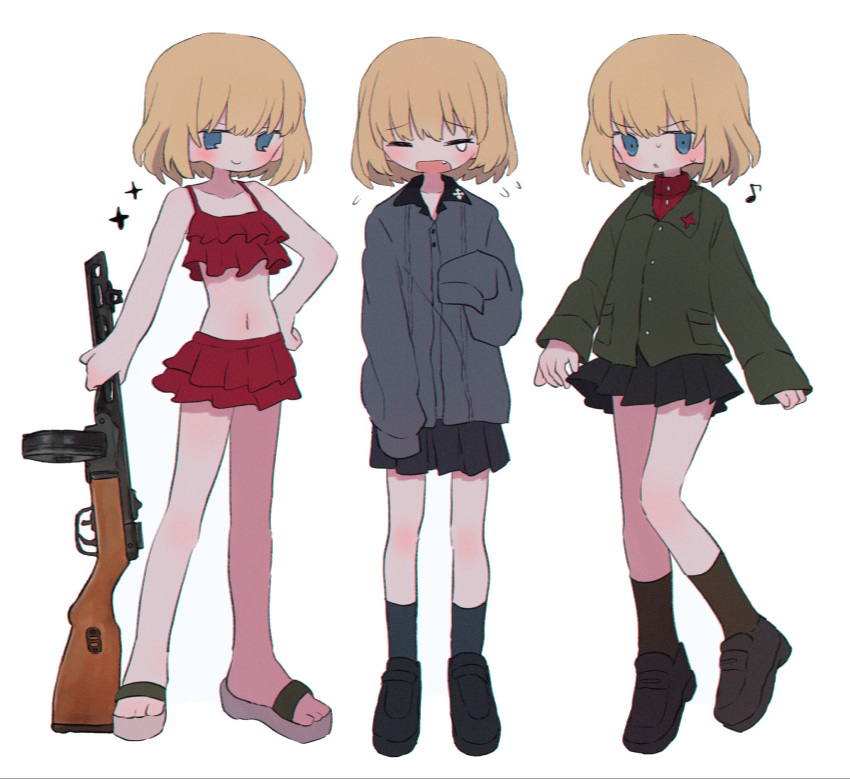 1girl alternate_costume bikini black_footwear black_skirt blonde_hair blue_eyes blush closed_mouth fang girls_und_panzer gun highres holding holding_gun holding_weapon katyusha_(girls_und_panzer) long_sleeves looking_at_viewer navel open_mouth pleated_skirt red_bikini ri_(qrcode) short_hair simple_background skirt sleeves_past_wrists socks solo sweat swimsuit weapon white_background