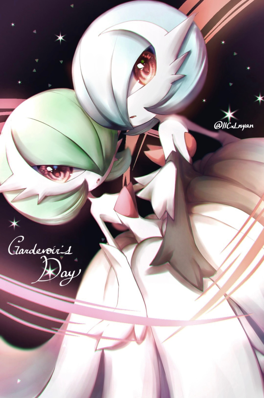 alternate_color artist_name black_dress black_gloves blue_hair colored_skin dress elbow_gloves gardevoir gardevoir_day gloves green_hair hair_over_one_eye highres llcxlnyan looking_at_viewer mega_gardevoir mega_pokemon parted_lips pink_eyes pokemon pokemon_(creature) shiny_pokemon white_dress white_skin