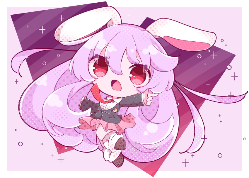 1girl absurdres animal_ears black_footwear blazer chibi finger_gun highres inukkomaru jacket long_hair lunatic_gun necktie purple_hair rabbit_ears rabbit_girl rabbit_tail red_eyes red_necktie red_skirt reisen_udongein_inaba skirt socks solo tail touhou white_socks