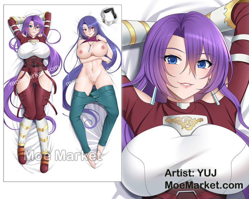 1girl amane_towa armor arthur_pencilgon_(shangri-la_frontier) bare_shoulders belt blue_eyes breastplate breasts dakimakura_(medium) earrings highres jewelry purple_hair shangri-la_frontier solo