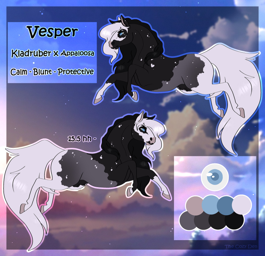 avamae avaxeya digital_media_(artwork) equid equine feral fur hair hi_res hooves horse male mammal markings model_sheet quadruped solo spots spotted_markings tail text vesper_(avamae)