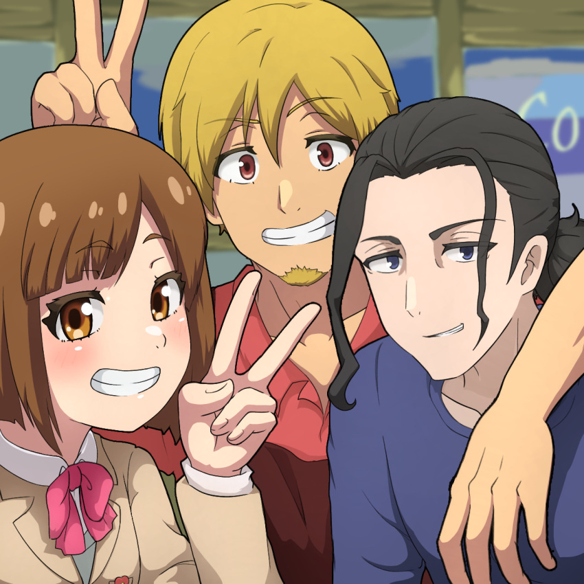 1girl 2boys aged_up arm_around_shoulder beard blue_shirt blurry blurry_background blush bow brown_eyes brown_hair buddy_daddies edgar0ekaki facial_hair family highres indoors kurusu_kazuki looking_at_viewer multiple_boys pink_bow red_shirt school_uniform shirt short_hair short_ponytail smile suwa_rei unasaka_miri upper_body v