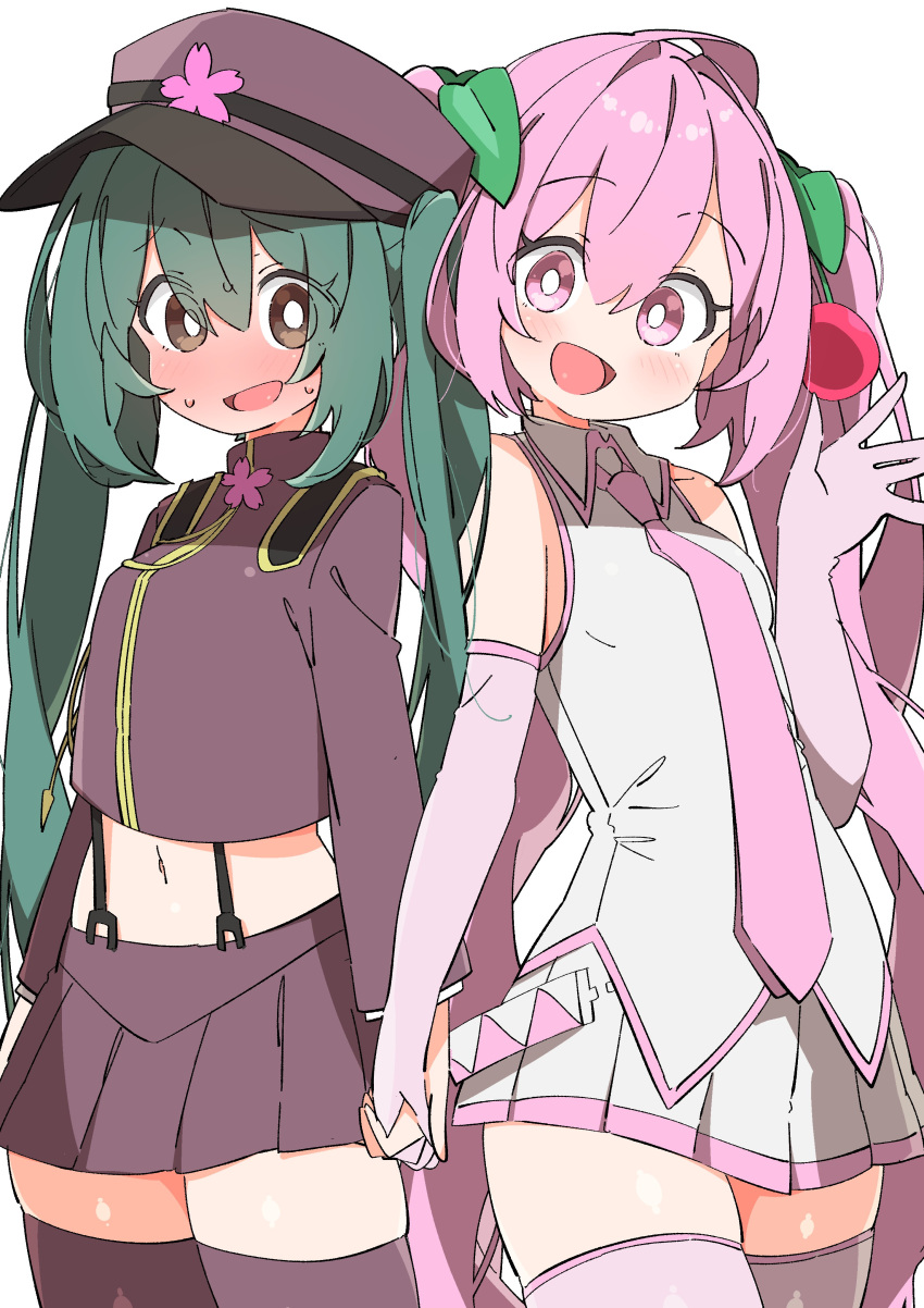 2girls absurdres black_thighhighs blush character_request check_character elbow_gloves gloves green_hair hatsune_miku highres long_hair long_sleeves multiple_girls necktie open_mouth pink_eyes pink_gloves pink_hair pink_necktie pleated_skirt skirt smile thighhighs twintails uruti_2388 vocaloid