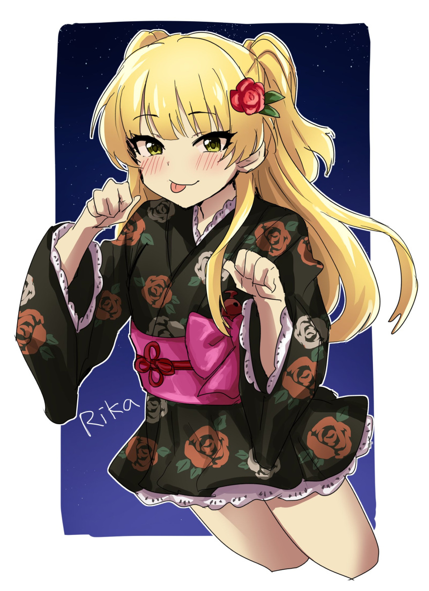 1girl :p blonde_hair blush border bow breasts character_name clenched_hands closed_mouth cowboy_shot cropped_legs dot_nose floral_print floral_print_kimono flower gradient_background green_eyes hair_flower hair_ornament hands_up highres idolmaster idolmaster_cinderella_girls idolmaster_cinderella_girls_starlight_stage japanese_clothes jougasaki_rika kimono koubashiifuna long_hair long_sleeves looking_at_viewer obi obijime outside_border pink_bow red_flower red_rose rose rose_print sash short_kimono simple_background small_breasts smile solo standing star_(sky) tongue tongue_out two_side_up white_border wide_sleeves