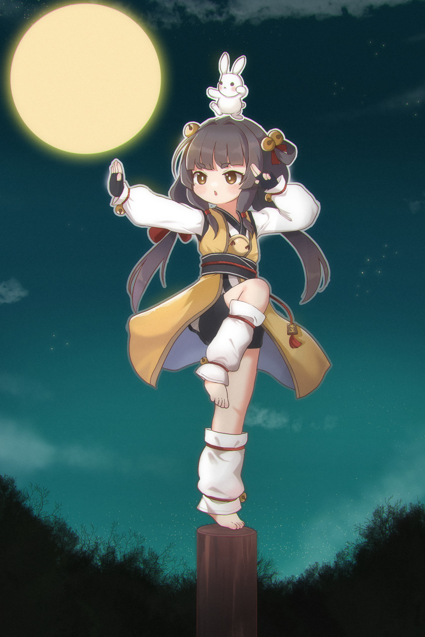 1girl absurdres animal_on_head barefoot black_hair blue_sky brown_eyes chinese_clothes chinese_commentary cloud commentary_request fighting_stance full_body full_moon highres kuma-bound long_hair moon night night_sky on_head open_mouth original outdoors rabbit sky standing standing_on_one_leg toes white_fur yellow_moon