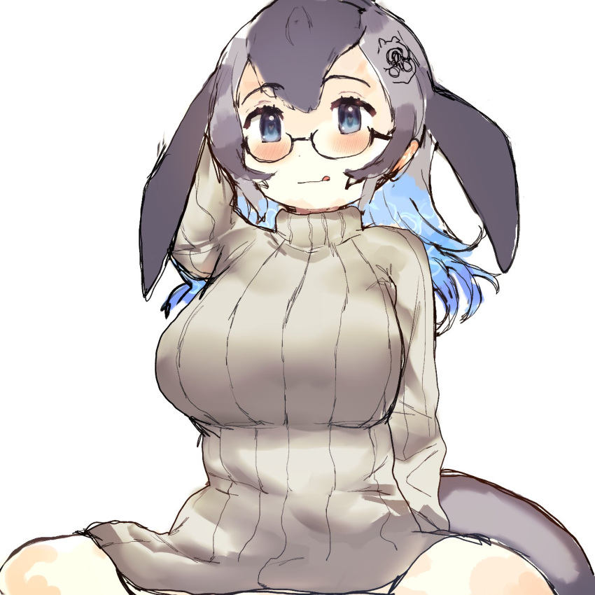 1girl :p anchor_hair_ornament arms_behind_back blowhole blue_eyes blue_hair blue_whale_(kemono_friends) blush cetacean_tail chabo-kun cowboy_shot dress fins fish_tail grey_hair grey_sweater hair_between_eyes hair_ornament head_fins highres kemono_friends long_hair long_sleeves looking_at_viewer multicolored_hair semi-rimless_eyewear sidelocks sitting solo sweater sweater_dress tail tongue tongue_out turtleneck turtleneck_sweater whale_girl