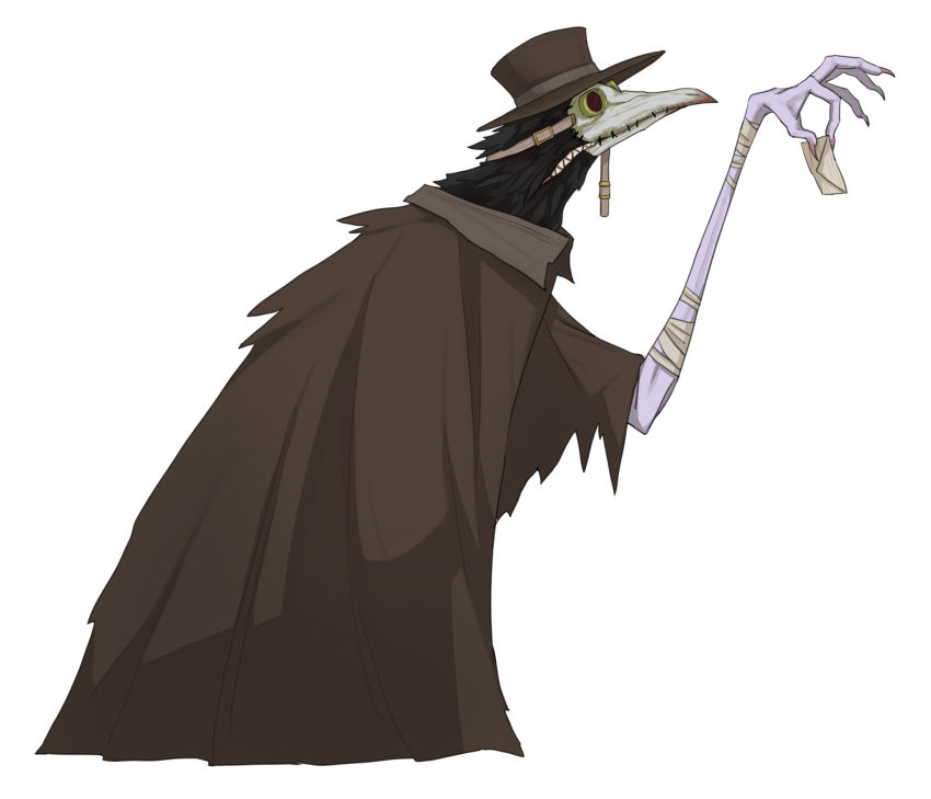 1girl absurdres arm_up bandaged_arm bandages black_souls blackwell_(black_souls) brown_cloak brown_hat clenched_teeth cloak envelope goggles hat highres holding holding_envelope long_sleeves monster plague_doctor_mask rabbit_king sharp_teeth teeth top_hat