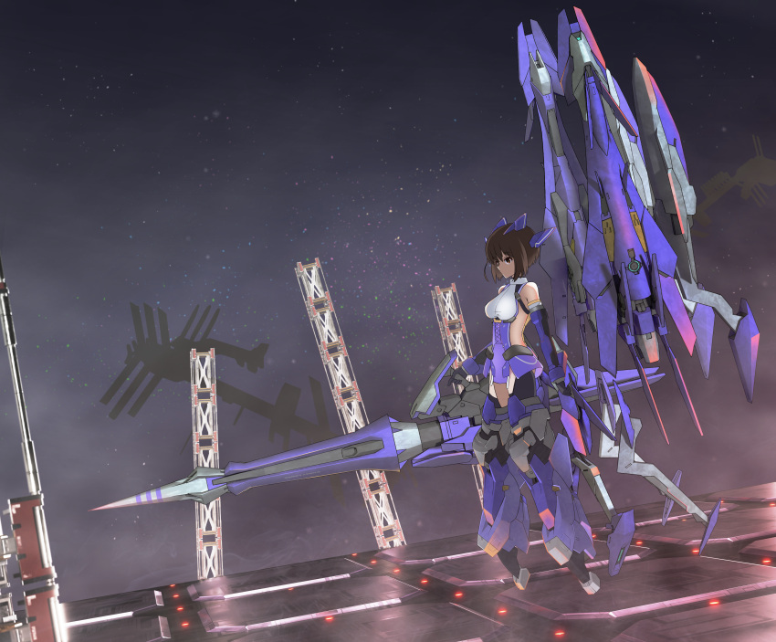 1girl absurdres alice_gear_aegis armor bare_shoulders breasts brown_eyes brown_hair cannon cleavage clothing_cutout elbow_gloves full_body gloves headgear highres holding holding_weapon lance large_breasts mecha mecha_musume mechanical_legs mechanical_wings nraib pelvic_curtain polearm revealing_clothes robot science_fiction short_hair solo space spacecraft standing suga_itsuri thrusters weapon wings