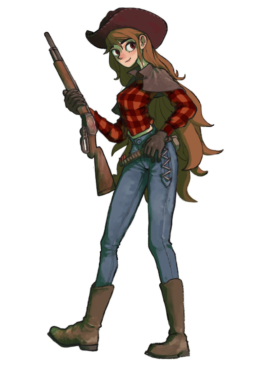 1girl ammunition_belt boots brown_eyes brown_hair cow_girl cow_girl_(fishandfishoc) cowboy denim fishandfishoc flannel gloves gun highres jeans long_hair looking_to_the_side original pants pouch rifle rifleman1130 smile solo weapon white_background