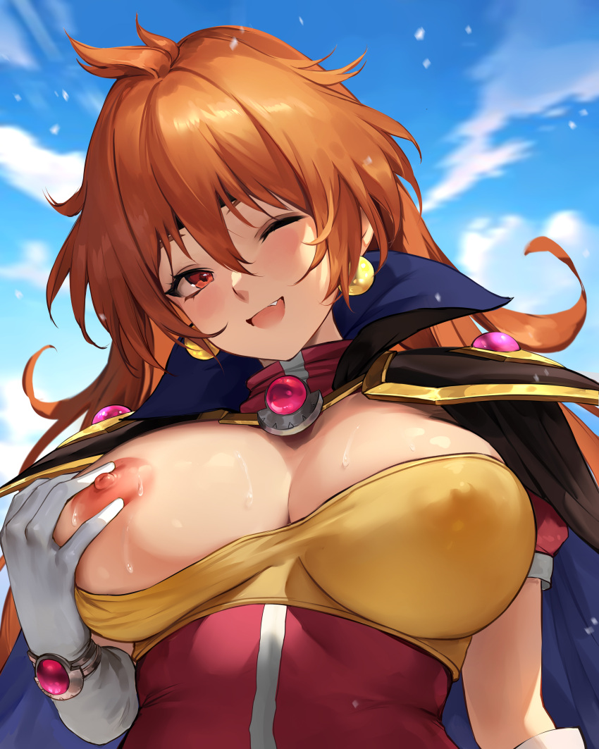 1girl ;d absurdres black_headband blue_cape blue_sky breasts cape chihunhentai cloud commentary day fang gloves hair_between_eyes headband highres large_breasts lina_inverse long_hair looking_at_viewer nipples one_eye_closed open_mouth orange_hair outdoors red_eyes sky slayers smile sweat upper_body white_gloves