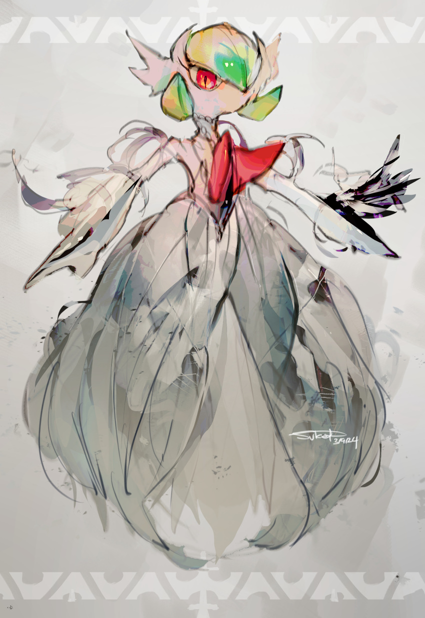 1girl bob_cut dress gardevoir gloves green_hair grey_background hair_over_one_eye highres mega_gardevoir mega_pokemon pink_eyes pokemon pokemon_(creature) signature sukepmonster white_dress white_gloves