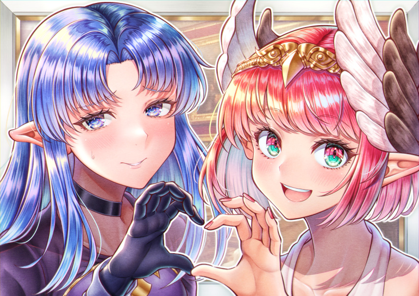 2girls absurdres black_choker blue_eyes blue_hair blush choker circe_(fate) donkikong_(pixiv17278003) fate/grand_order fate_(series) feathered_wings gloves hair_ornament head_wings heart heart_hands heart_hands_duo highres long_hair long_sleeves looking_at_viewer medea_(fate) multiple_girls open_mouth pink_hair pointy_ears short_hair smile wings