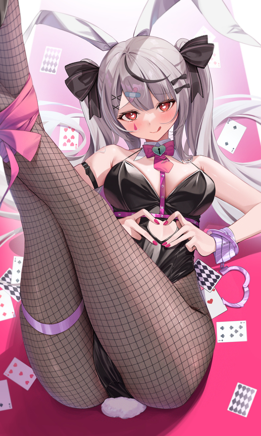 1girl ace_(playing_card) ace_of_hearts animal_ears black_leotard black_ribbon blush breasts card clothing_cutout commentary_request detached_collar eight_of_diamonds_(playing_card) facial_mark fake_animal_ears fake_tail fishnet_pantyhose fishnets five_of_hearts grey_hair hair_ribbon heart heart_cutout heart_hands highres hino_kagutsuki hololive kneepits large_breasts leg_up leotard licking_lips pantyhose playboy_bunny playing_card rabbit_ears rabbit_hole_(vocaloid) rabbit_tail restrained ribbon sakamata_chloe seven_of_clubs six_of_spades solo spade_(shape) spaghetti_strap tail ten_of_hearts three_of_diamonds tongue tongue_out twintails two_of_spades virtual_youtuber