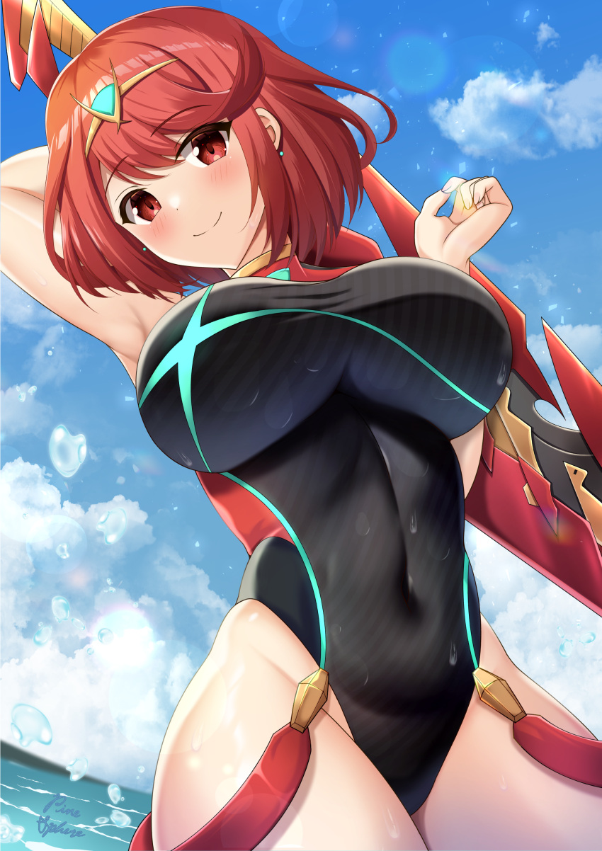 1girl absurdres arm_behind_back arm_up black_one-piece_swimsuit blue_sky blush breasts circlet closed_mouth cloud commentary_request competition_swimsuit covered_navel day highleg highres holding holding_sword holding_weapon looking_at_viewer ocean one-piece_swimsuit outdoors pinesphere pyra_(xenoblade) red_eyes red_hair short_hair signature sky smile solo swimsuit sword sword_behind_back water_drop weapon wide_hips xenoblade_chronicles_(series) xenoblade_chronicles_2