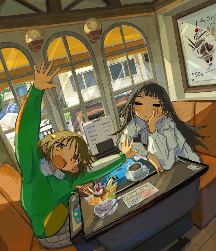 2girls amamoto_air arm_up black_eyes black_hair blush brown_eyes brown_hair cafe closed_mouth coffee cup day food green_sweater half-closed_eyes head_rest highres indoors long_hair long_sleeves looking_at_viewer multiple_girls open_mouth original pudding shirt short_hair sitting sweater table wall_lamp white_shirt window