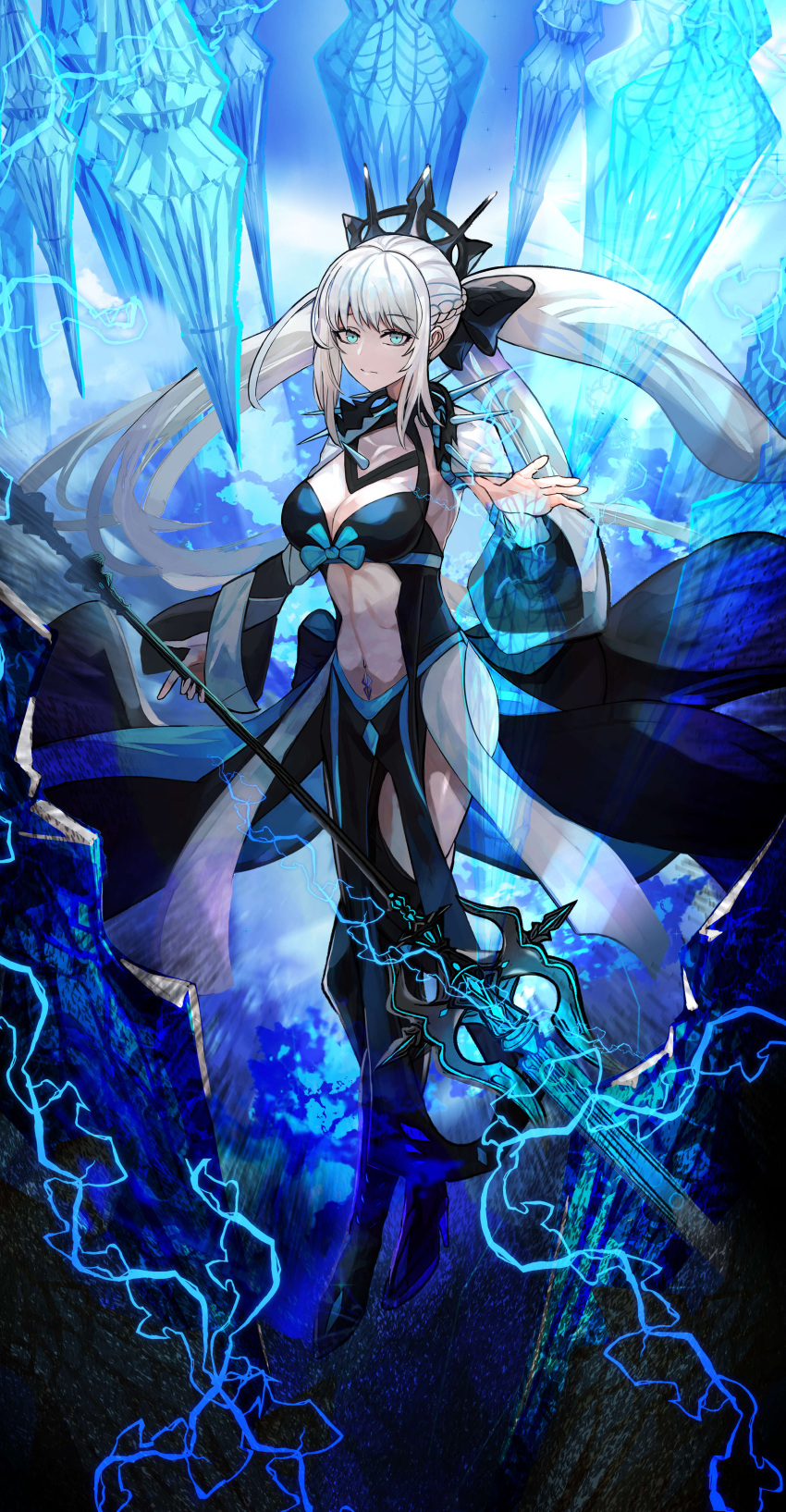 1girl absurdres black_bow black_dress blue_eyes bow braid breasts center_opening cleavage clothing_cutout dress fate/grand_order fate_(series) french_braid grey_hair hair_bow highres large_breasts long_hair long_sleeves looking_at_viewer morgan_le_fay_(fate) navel ponytail sidelocks smile solo stomach_cutout stomach_tattoo tattoo thighs tonyblue2 two-tone_dress