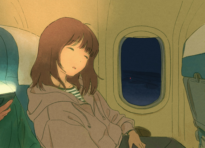 1girl 1other airplane_interior airplane_wing brown_hair brown_hoodie cellphone closed_eyes commentary drawstring green_shirt grey_pants highres holding holding_phone hood hoodie indoors korean_commentary long_sleeves medium_hair night ooos_man original pants parted_lips phone shirt sitting sleeping smartphone solo_focus striped_clothes striped_shirt