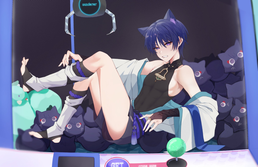 1boy androgynous armpit_crease armpits bare_shoulders black_shirt blue_hair bridal_gauntlets character_name chobonu dutch_angle feet foot_up full_body genshin_impact highres in_crane_game japanese_clothes leg_warmers legs looking_at_viewer male_focus no_shoes off_shoulder purple_eyes scaramouche_(genshin_impact) shirt short_hair short_shorts shorts skin_tight sleeveless sleeveless_shirt solo stirrup_legwear stuffed_animal stuffed_cat stuffed_toy sweatdrop thighs toeless_legwear toes toned toned_male wanderer_(genshin_impact) wide_sleeves