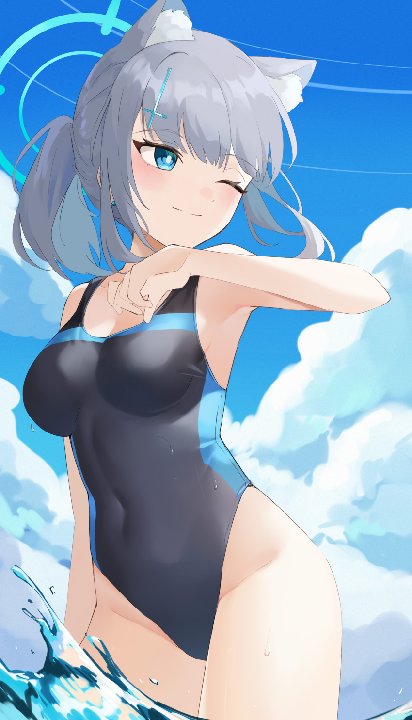 1girl absurdres animal_ear_fluff animal_ears black_one-piece_swimsuit blue_archive blue_eyes blue_sky breasts cloud competition_swimsuit covered_navel cross_hair_ornament day extra_ears green_tea_(greente43670136) grey_hair hair_ornament halo highres looking_to_the_side low_ponytail medium_breasts medium_hair mismatched_pupils multicolored_clothes multicolored_swimsuit official_alternate_costume one-piece_swimsuit outdoors shiroko_(blue_archive) shiroko_(swimsuit)_(blue_archive) sky smile solo swimsuit wading water wolf_ears