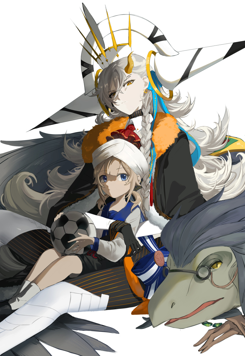 1girl 1other 2boys absurdres blue_eyes braid cape dinosaur earrings fate/grand_order fate_(series) fur_trim glasses gloves hair_between_eyes hat highres holding horns jewelry long_hair long_horns long_sleeves looking_at_viewer marine_nemo_(fate) multiple_boys nemo_(fate) olga_marie_animusphere orange_eyes phanta shirt shorts side_braid single_horn tepeu_(fate) turban twintails u-olga_marie very_long_hair white_hair yellow_eyes yellow_horns