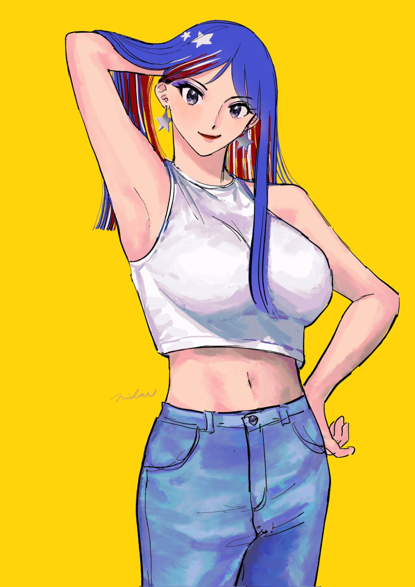 1girl alternate_costume arm_behind_head blue_hair blue_pants breasts denim earrings hand_on_own_hip highres jeans jewelry kantai_collection large_breasts lips midriff multicolored_hair navel nidou one-hour_drawing_challenge pants parted_bangs red_hair simple_background smile solo south_dakota_(kancolle) star_(symbol) tank_top white_hair white_tank_top yellow_background