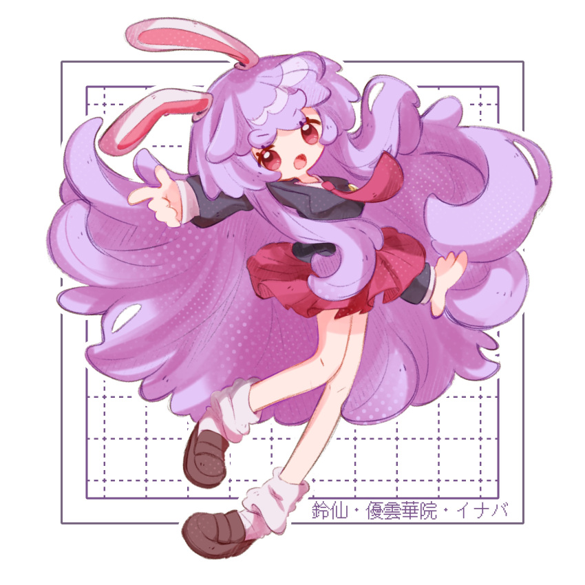 1girl absurdres animal_ears black_footwear blazer chibi finger_gun full_body highres inukkomaru jacket long_hair lunatic_gun necktie pink_skirt purple_hair rabbit_ears rabbit_girl rabbit_tail red_eyes red_necktie reisen_udongein_inaba skirt socks solo tail touhou white_background white_socks