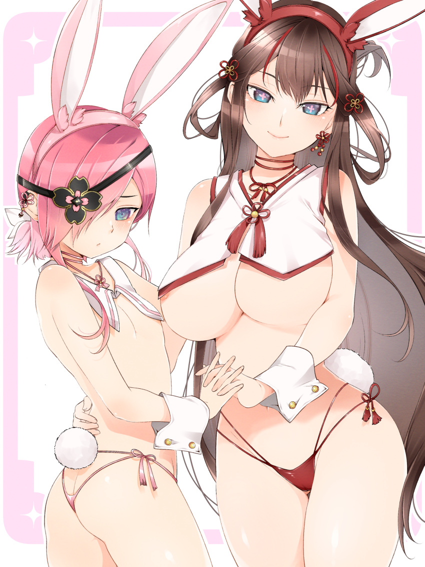+_+ 2girls absurdres animal_ears blue_eyes breast_curtains breasts brown_hair butt_crack chinese_knot cleavage closed_mouth commission commissioner_upload detached_collar earrings embarrassed eyepatch fake_animal_ears fake_tail flat_chest flower-shaped_pupils frontless_outfit hair_over_eyes hair_rings hand_on_another's_hip highres holding_hands interlocked_fingers jewelry kazakiri_(senran_kagura) kinako_(mzknk0) large_breasts long_hair looking_at_viewer looking_down meme_attire mismatched_earrings multicolored_hair multiple_girls multiple_hairpins navel neck_tassel nipple_slip nipples one_eye_covered panties pink_hair pink_panties pink_pupils pink_tassel playboy_bunny rabbit_ears rabbit_tail red_hair red_panties revealing_clothes reverse_bunnysuit reverse_outfit senran_kagura short_hair simple_background skeb_commission smile stomach streaked_hair string_panties symbol-shaped_pupils tail thong toki_(senran_kagura) underboob underwear wrist_cuffs