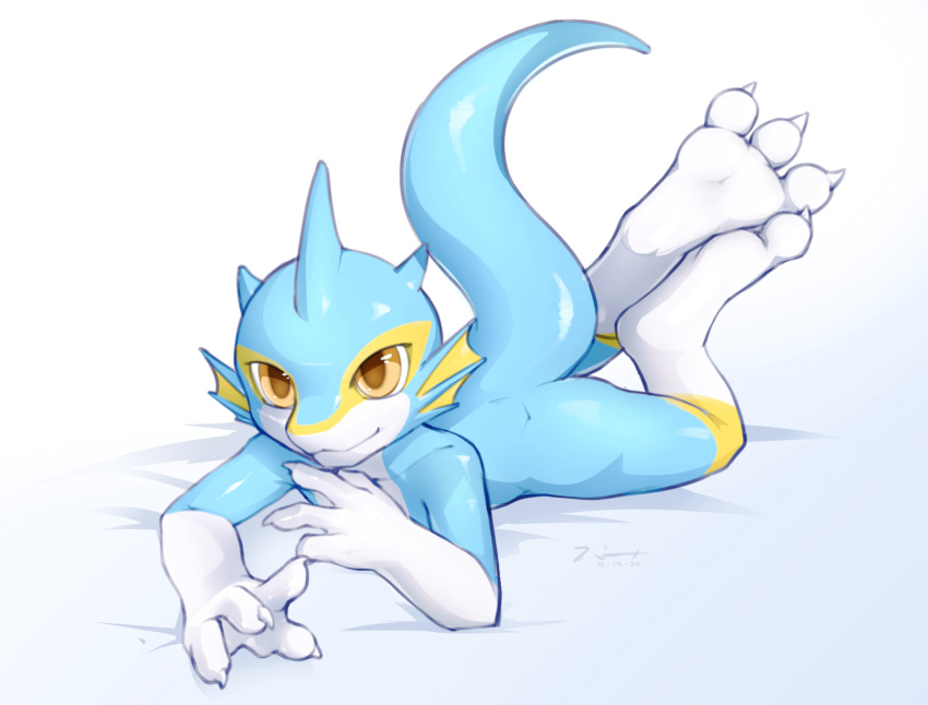 anthro aquatic_dragon blue_body claws digital_media_(artwork) dragon feet fin fishy_fizz foot_focus hi_res looking_at_viewer male marine mythological_creature mythological_scalie mythology nude paws scalie simple_background smile solo tail toes