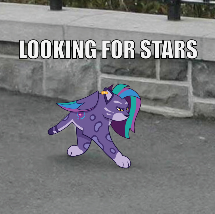 allura_(mlp) amber_eyes english_text felid female fur hair hasbro hi_res impact_(font) mammal markings meme mlp_g5 multicolored_hair my_little_pony pantherine paws photo_background photography_(artwork) prixy05 purple_body purple_fur real snow_leopard solo spots spotted_body spotted_fur text wall_(structure) wings