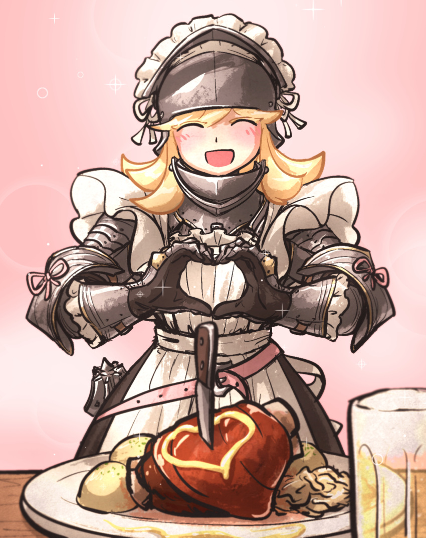 alcohol alternate_costume armor beer belt blonde_hair closed_eyes enmaided food heart heart_hands helmet highres ironlily knife mace maid maid_headdress moe_moe_kyun! open_mouth original plate smile weapon