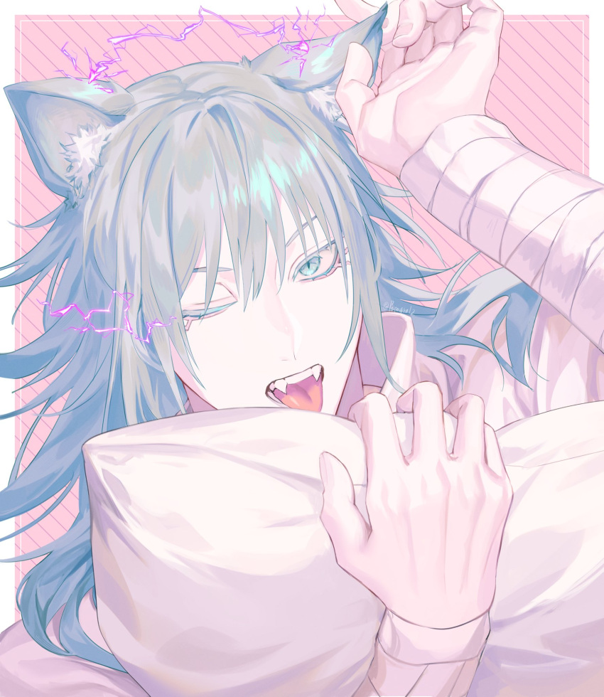 1boy anasa3 animal_ear_fluff animal_ears bandaged_arm bandages blue_eyes colored_eyelashes electricity facial_mark fangs hand_on_own_ear hand_up highres holding holding_pillow jujutsu_kaisen kashimo_hajime male_focus medium_hair one_eye_closed pillow portrait purple_lightning solo striped_background tongue tongue_out