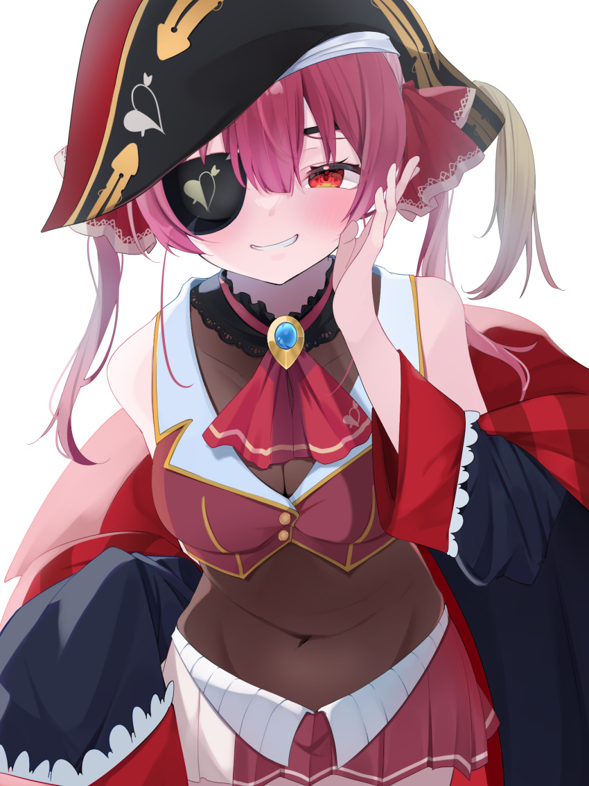 1girl arrow_through_heart ascot bare_shoulders belly bicorne black_coat black_hat blush breasts brooch buttons cleavage clothes_pull coat coat_partially_removed commentary cropped_jacket eyepatch frilled_shirt_collar frills gold_trim grin hair_ribbon hand_up hat highres hololive houshou_marine houshou_marine_(1st_costume) jacket jewelry lapel_pin large_breasts leotard leotard_under_clothes long_hair long_sleeves looking_at_viewer miniskirt off_shoulder pirate_hat pleated_skirt red_ascot red_eyes red_hair red_jacket red_ribbon red_skirt ribbon see-through see-through_cleavage see-through_leotard see-through_midriff simple_background skirt skirt_pull sleeveless sleeveless_jacket smile solo twintails two-tone_skirt uica virtual_youtuber whispering white_background white_skirt