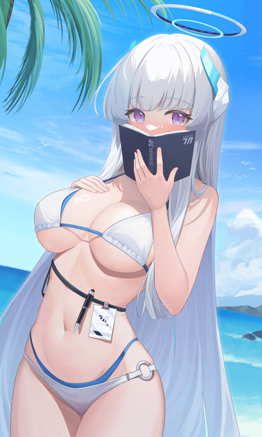 absurdres andamiro beach bikini bird blue_archive book grey_hair halo hand_on_own_chest headgear headphones highres id_card long_hair looking_at_viewer mechanical_halo noa_(blue_archive) open_book pen purple_eyes rock sky swimsuit tree two-sided_fabric very_long_hair white_hair white_halo