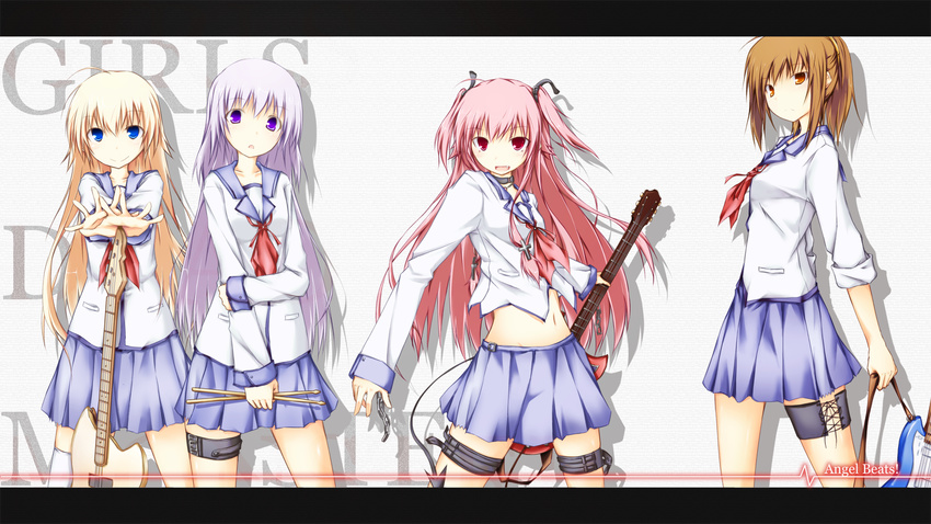 ahoge an_(angular-angler) angel_beats! bad_id bad_pixiv_id bass_guitar blonde_hair blue_eyes brown_hair choker cross demon_tail drum electric_guitar fang guitar highres hisako_(angel_beats!) instrument irie_(angel_beats!) long_hair multiple_girls orange_eyes pink_eyes pink_hair ponytail purple_eyes purple_hair school_uniform sekine serafuku short_twintails skirt sleeves_rolled_up smile tail thigh_strap twintails yui_(angel_beats!)